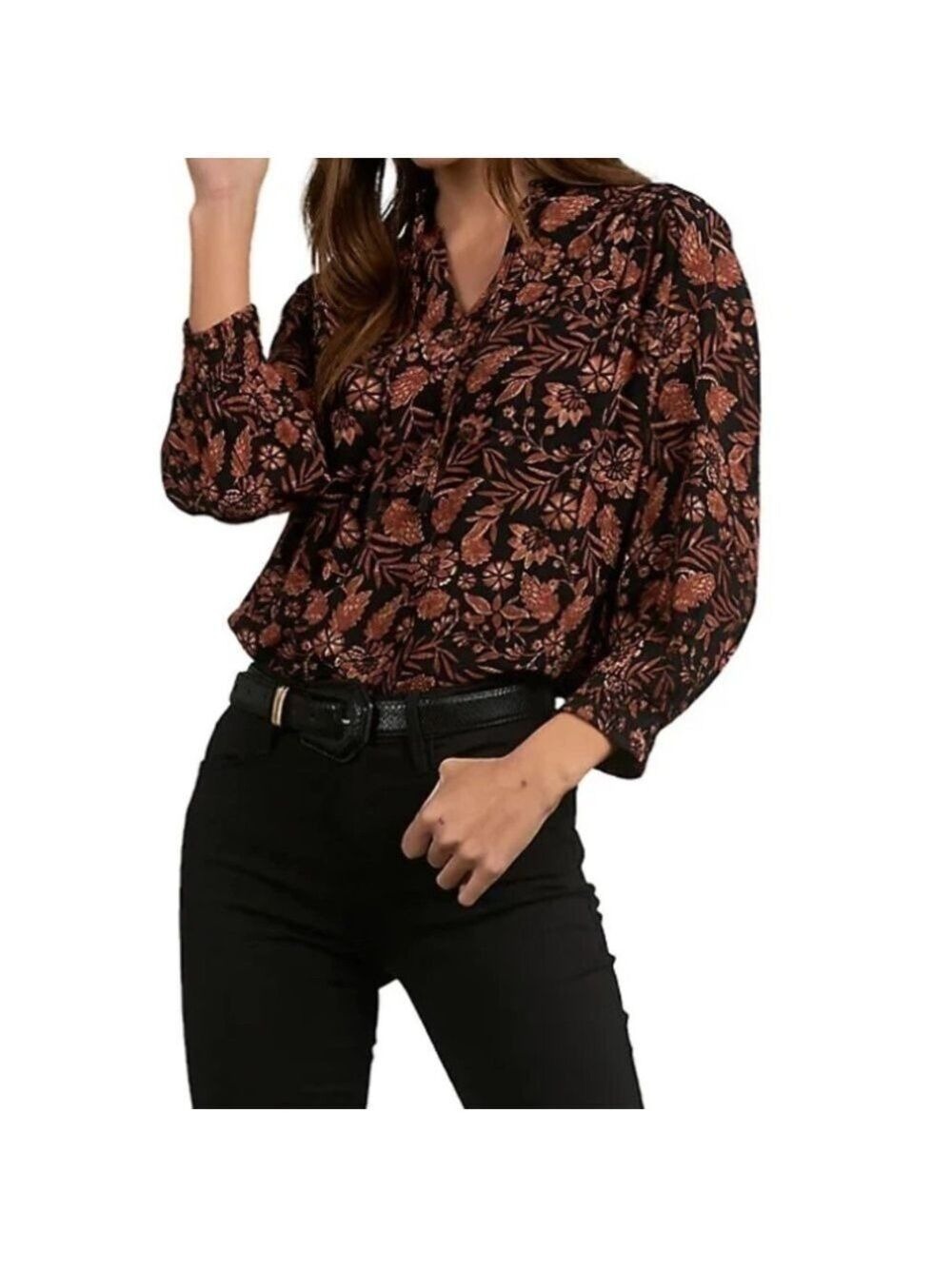 Elan Black Autumn Print Split Neck Top - Picture 3 of 11